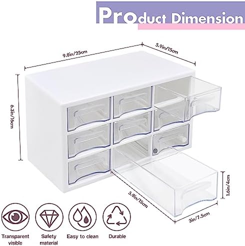 Stackable Desk Organizer with 9 Drawers, Clear Storage Box, White