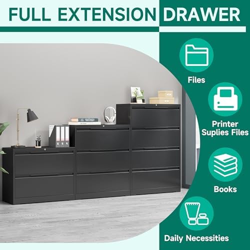 Filing Cabinet with Lock,Lateral File Cabinets 3 Drawer Metal Wide Filing Organization,Home Office School Furniture for Hanging Files Letter/Legal/F4/A4 Size,Black - Assembly Required