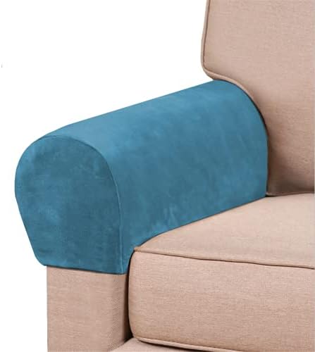 2 Pack Velvet Stretch Armrest Covers - Non Slip Sofa Chair Covers, Soft Elastic Arm Protectors for Living Room Couch, Office Chair, Recliner (Peacock Blue)