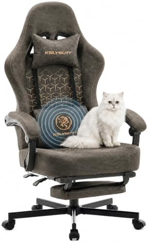 Desk Computer Gaming Chair - Ergonomic Game Office Chair with Extended Footrest and Massage Lumbar Support, Home Gamer Video Game Chairs with Spring Cushion for Adults (Pro Grey Leather)