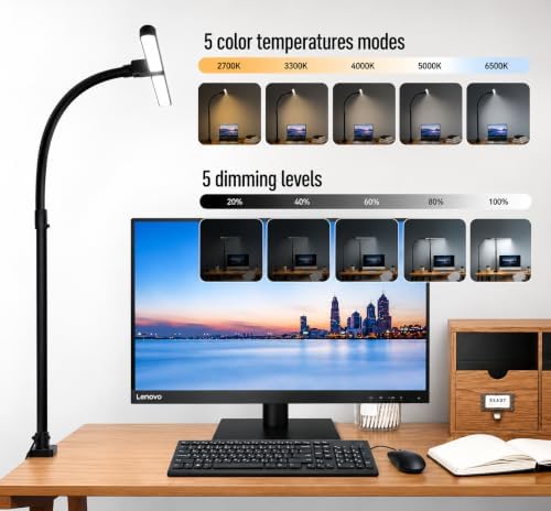 LED Desk Lamp with Clamp, Double Head Dimmable Clip On Light, 5 Color Modes, Eye-Caring Gooseneck Desk Lamp for Home Office, Study, Reading, Workbench & Small Desk – Black