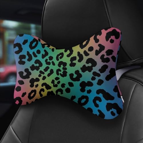 Car Neck Pillow 2 Pack Rainbow Cheetah Leopard Print Memory Foam Headrest for Car Seat Airplane Sleeping Office Business Trip