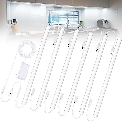 6PCS x 12 Inch Under Cabinet Lights Plug-in, Dimmable LED Under Cabinet Lighting, Cold White 6000K Under-Counter Light Fixtures with Memory Function, Under Counter LED Lights for Kitchen