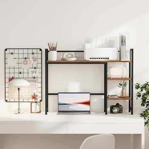 Snughome Desk Shelf, 38.6" Desktop Organizer Shelf, Desk Hutch for Computer Monitor, 4 Tier Desk Display Rack, Wood Desktop Bookshelf Storage Rack for Home Office Dorm, Rustic Brown