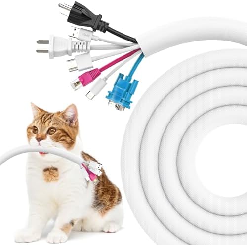 UOMTFAI Dog and Cat Cord Protector 10ft - 1inch, Flexible Cable Sleeve for Easy Cord Management, Protects Cables from Pets Chewing, Ideal for USB, Power, Audio and Video Cords - White