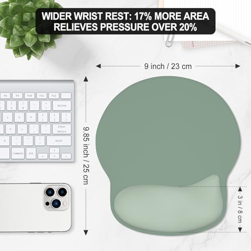 ITNRSIIET Ergonomic Mouse Pad with Wider Memory Foam Wrist Rest +17%, Curved Cushion Reduces Pressure 20%, Pain Relief, Non-Slip, Smooth, Cute Color Desk Accessory, 9.85 x 9 inch, Sage Mint