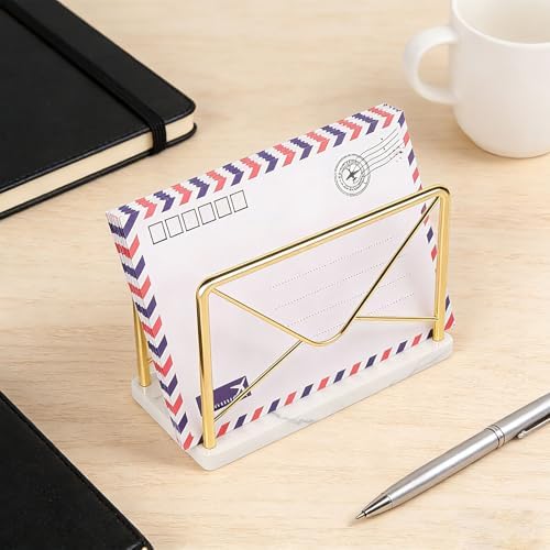 Modern Mail Holder for Home Office, Metal Letter Organizer Sorter for Desk, Cutout Mail Envelope Design, Bill Filling Paper Document Rack, Envelope Storage Rack with Marble Base (Gold)