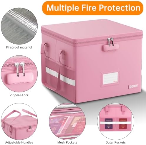 ENGPOW 5200°F File Box Fireproof Document Box with Lock,Heat Insulated Collapsible File Storage Organizer Box with Handle,Portable Home Office File Cabinet for Hanging Letter/Legal Size Folder, Pink