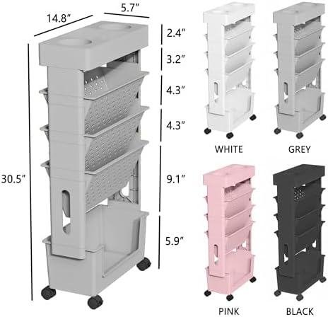 5-Tier Rolling Bookshelf Magazine Rack with Wheels Gray