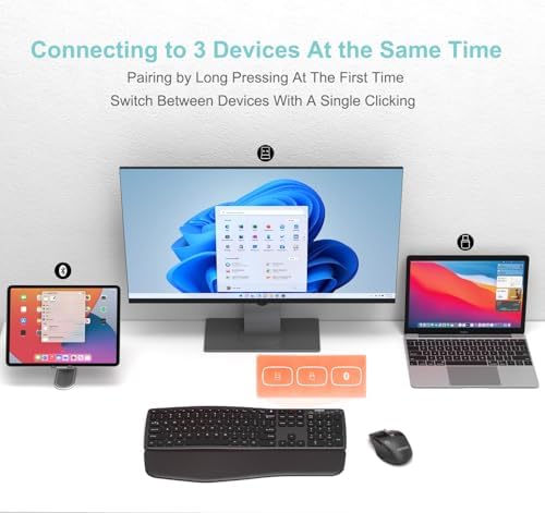 Arteck Multi-Device Ergonomic Wireless Bluetooth Keyboard with Nano USB-A, USB-C Type C Receiver Palm Wrist Rest Full Size Keyboard for Windows iPad OS Android, Computer Desktop Laptop PC Tablet