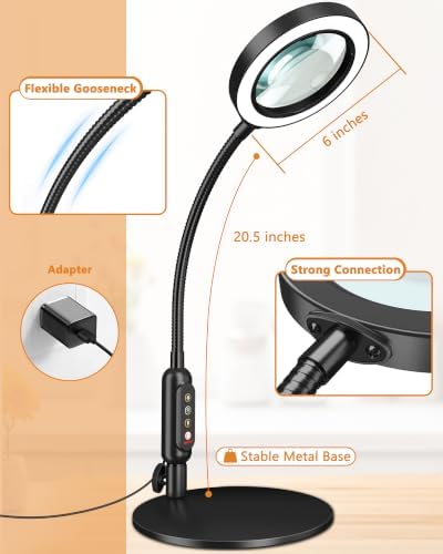 30X 10X Magnifying Glass with Light and Stand, 5 Color Modes Stepless Dimmable, Optical Grade HD Lens, LED Lighted Magnifier Hands Free with 20.5in Flexible Gooseneck for Close Work - Black