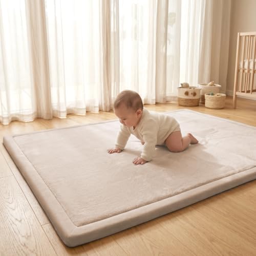 ACOMOPACK Baby Play Mat for Floor 1.3" Thick Memory Foam Play Mat 79×158" Tummy Time Crawling with Non-slip Bottom for Living Room,Nursery,Soft Velvet Playpen Mats for Kids,Infants（Beige）