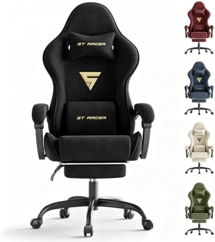 Soontrans Black Velvet Gaming Chair with Footrest, Ergonomic Reclining Computer Desk Chair, Massage Lumbar Cushion & Headrest, Comfortable Video Game Chair for Adults