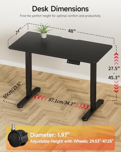 Okin Standing Desk Electric Adjustable Computer Whole Piece Stand up Desk with Wheels Office Gaming Home Office Memory Desks 48x24 inches Black