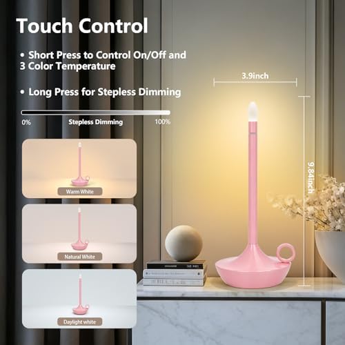 Cordless Table Lamp, Rechargeable LED Table Light, Portable Touch Dimmable (Pink)