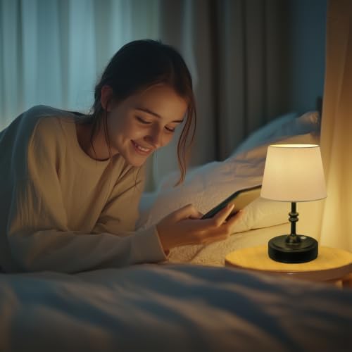ONEWISH Small Cordless Lamp Dimmable-Battery Operated Table lamp, 4000mAh Rechargeable, Touch Bedside Lamp with White Fabric Shade, 2700K Bulb Included, for Dining, Patio, Bathroom(Black)