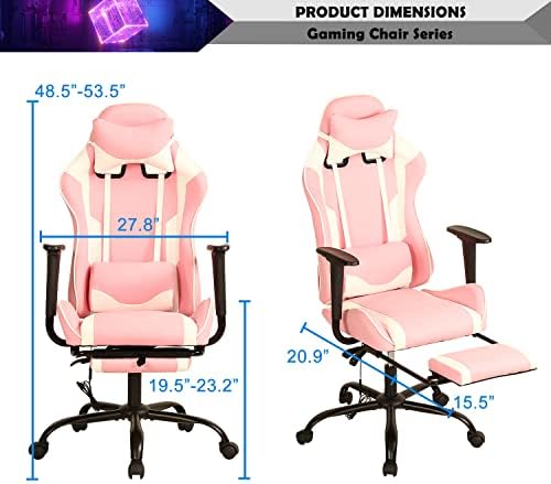 Pink Gaming Chair with Footrest, PU Leather Gaming Chairs for Adults, High Back Comfy Office Chair Ergonomic Desk Chair Computer Chair, Reclining Gamer Chair, Height & Backrest Adjustable, 300 Lbs