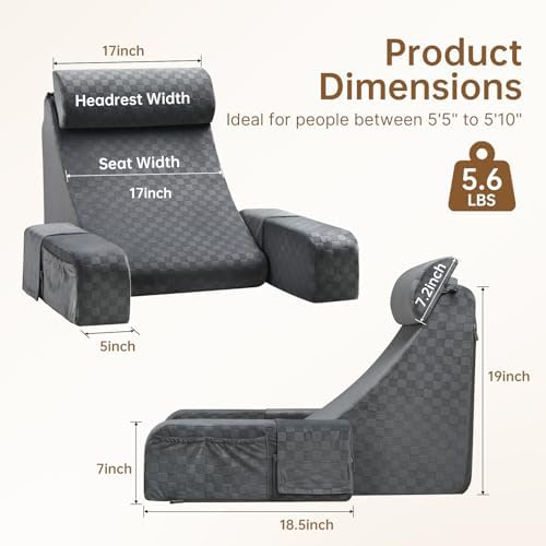 Vekkia 19'' Reading Pillow for Adults with XL Side Pockets, Adjustable Arms
