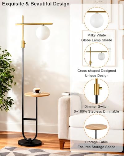 Lightdot 66IN Gold&Black Dimmable Floor Lamps with Storage Table, Modern Standing Tall Lamp with Milky White Globe Lampshade, Cross-Shaped Lamp Head and U-Pole Base Style for Living Room/Bedroom