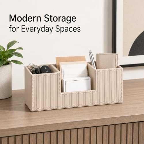 GORESE Pen Holder for Desk, Leather Small Desk Organizer for Office, Beige