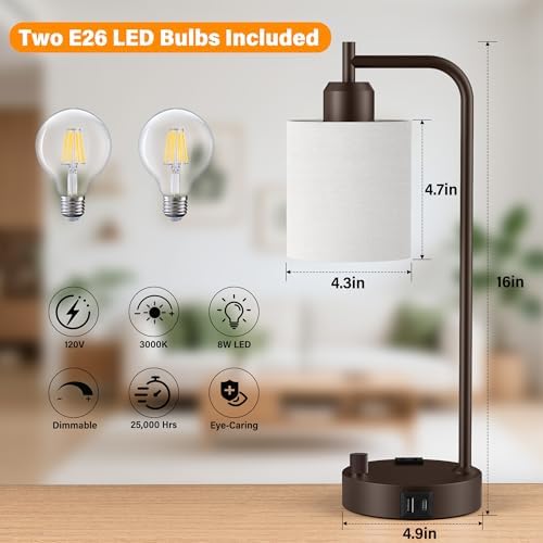 SIBRILLE Industrial Table Lamps with Linen Shade, Set of 2 Fully Dimmable Bedside Lamps with USB A+C Ports and Outlet, Brown Nightstand Desk Lamps for Bedrooms Living Room Office, 2 LED Bulbs Included