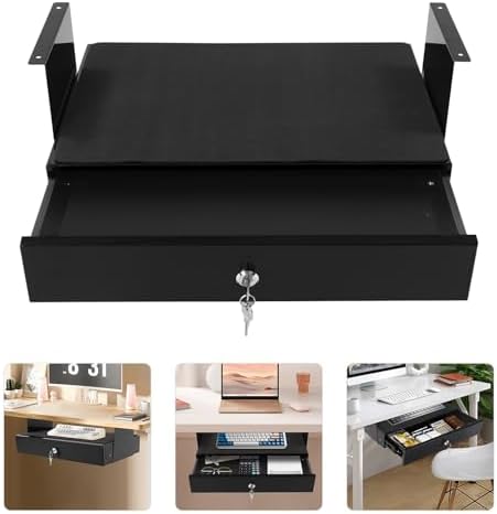 18'' Under Desk Mounted Sliding Pull-out Drawer, Pull-out Drawer with Lock, Computer Pad, Space-Saving, for Office Desk, Pull Handle, Storage Organizer for Sit Stand Workstation, Black