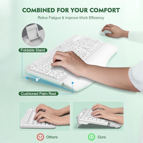 Wireless Keyboard and Mouse Combo, Full-Sized Ergonomic Wave Keys Keyboard with Memory Foam Wrist Rest & Phone Holder, 2.4G Quiet Keyboard Mouse Work Setup for PC Laptop, Office or Home (White)