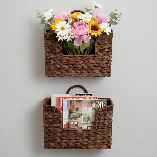 Set of 2 Coffee Water Hyacinth Hanging Baskets with Handle, Wall Baskets Storage, Wall Mounted Organizer, Magazine Holder Magazine Basket, Farmhouse Baskets for Flowers/Magazine/Fruit Storage