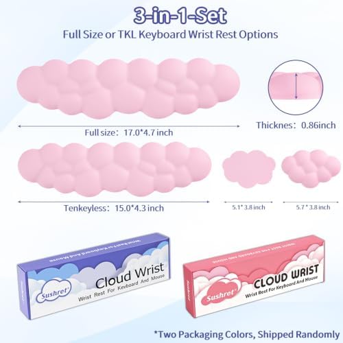 Sushret Cloud Wrist Rest Keyboard, Cloud Keyboard Wrist Pad Set with PU Leather Memory Foam, Cute Arm Rest for Palm Support, PC/Gaming Desk Accessories/Office Setup/Computer Hand Cushion - Pink