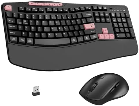 Wireless Keyboard and Mouse Combo, 2.4G Ergonomic Wave Keys(Pink-B)