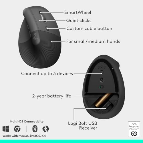 Logitech Wave Keys & Lift Vertical Mouse - Ergonomic Wireless Keyboard and Mouse Combo - with Cushioned Palm Rest, Easy-Switch, Bluetooth, for Multi-OS, Windows/Mac - Graphite (RENEWED)