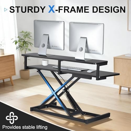 37" Standing Desk Converter with Pneumatic Single-Button Lift, Adjustable Desk Riser for Two Monitors & Laptop, Height Range 10.2-24.8", 39.68 Lb Load, 37" Main + 9" Secondary Desks