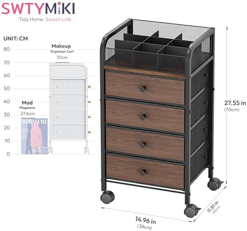 SWTYMIKI Rolling Makeup Organizer Cart - 14.96″*11.81″*27.55″ Widened Under Desk Vanity Storage with 4 Non-woven Drawers, Cosmetic Display Cases for Skin Care Perfume Nail Polish Brush Hair Tool Black