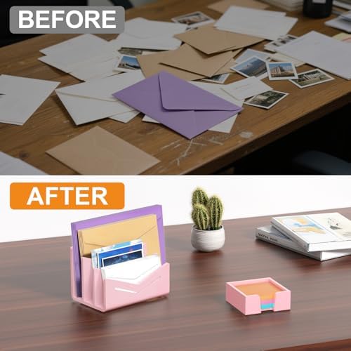 Beego Envelope and Mail Organizer Countertop - 3 Compartments Pink Acrylic Desk Organizer Letter Holder Desktop File Sorter Bill Document Folder Rack for Office, Home, School Desk Organization