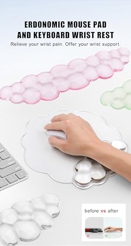 Mouse Pad with Wrist Rest, Soft Cloud Gel Keyboard Mouse Pad Set with Hand Wrist Support, Cute Non Slip Office Desk Accessories for Comfort/Pain Relief/Computer/Laptop (2Pc Clear Cloud)