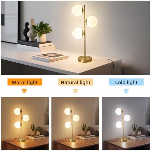 Mid Century Modern 3-Light Table Lamp, Gold Glass Globe Nightstand Light with 3 Color Temperatures, LED Bedside Lamp for Bedroom Living Room Office