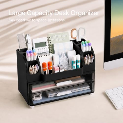 HBlife Desk Organizer with Pencil Pen Holder for Desk, Pen Organizer with 2 Drawers, Desk Organizers and Accessories with Compartments, Desktop Storage for Office, Home, School, Art Supplies, Black