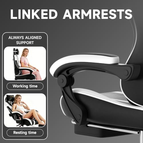 Ergonomic Gaming Chair,A Versatile 3-in-1 Video Game Chair for Work, Study, and Gaming,Features an Adjustable Backrest, Footrest, and Linked Armrests Office Chair for Adults,Blackwhite