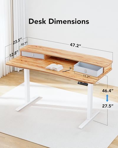 HUANUO 48″ x 24″ Electric Standing Desk with 2 Drawers, C-Clamp Mount Compatible, Height Adjustable Computer Desk, Home Office Stand Up Desk with 4 Preset Heights & 2 Hooks, Light Vintage