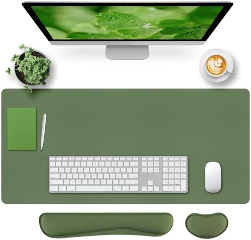 Bloss Keyboard and Mouse Wrist Rest + Leather Desk Mat, Desk Mat for Keyboard and Mouse, Desk Accessories for Women(35.4 x 15.7 Inch,Olive Green)