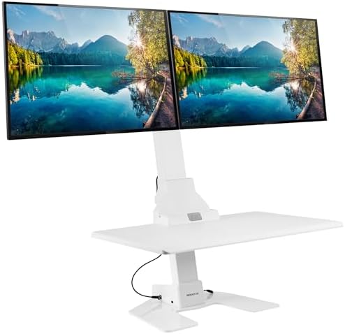 Mount-It! Electric Standing Desk Converter, Motorized Sit Stand Desk Riser with Dual Monitor Mounts, Adjustable Height Ergonomic Workstation with 28” Wide Platform and Tablet/Phone Slot, White