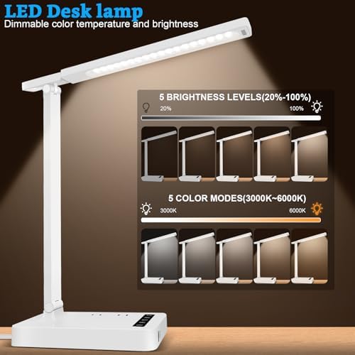 Smart Desk Lamp with 4-in-1 Charging Station (2 AC outlets, Type-C, USB-A ports), 5 color temperatures and 5 brightness levels, adjustable gooseneck arm, eye-friendly lighting for desks, bedrooms