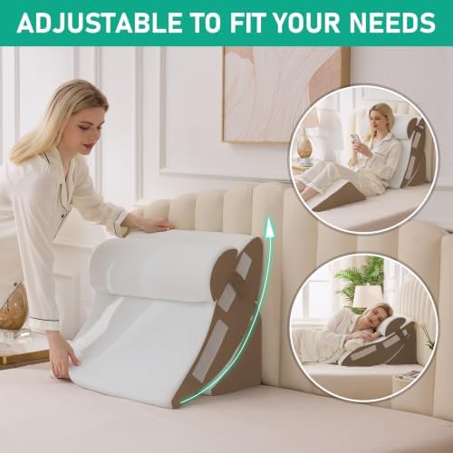 4PCS Wedge Pillow Set for After Surgery, Orthopedic Bed Wedge Pillow for Back Pain Relief, Sitting Up in Bed, Acid Reflux, Adjustable Post Surgery Pillows for GERD, Snoring, White/Brown