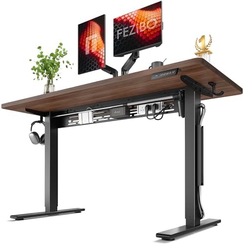 FEZIBO Electric Standing Desk with L-Shaped Crossbar & Cable Management System, 55 x 24 Inches Sit Stand up Desk, Adjustable Height Standing Desk for Home Office, Black Walnut