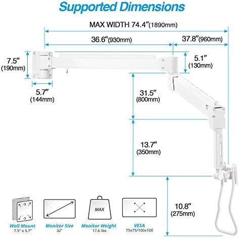 AVLT Single Monitor Arm Wall Mount for 17-32" Screens, Medical Grade