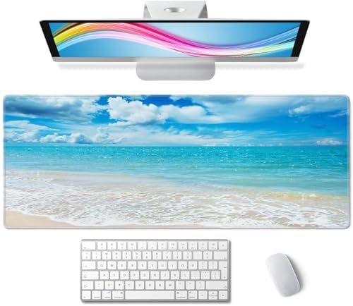 Desk Mat, Beaches Sunny Day Extended Gaming Mouse Pad Large, 31.5"x11.8" Big Mouse Pad with Non-Slip Base and Stitched Edge, Long Computer Keyboard Mouse Mat for Home Office Work
