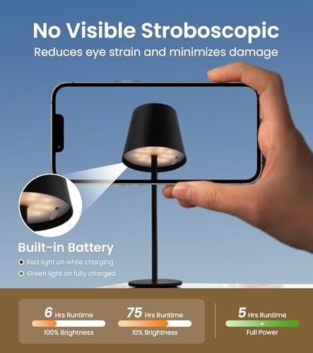 Cordless Table Lamp, Portable Battery Operated Lamp with 3 Color Temps and Stepless Dimming, Rechargeable Table Lamp for Dinner, Desk, Cafe, Outdoor (Black)