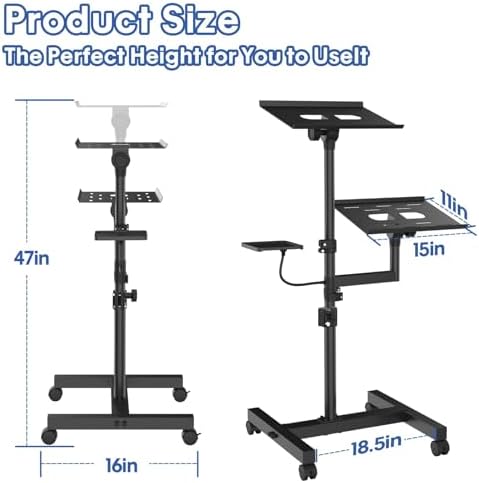 Projector Stand, 2 Shelves Mobile Laptop Cart with Adjustable 47" Height
