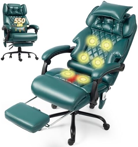 Massage Office Chair with Foot Rest,6 Points Vibration&Heat Executive Office Chairs,Big and Tall Office Chair 500LBS,Ergonomic Desk Chair for Heavy People,Home and Office Computer Chair,Green PU