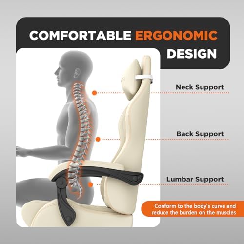 Ferghana Vintage PU Leather Gaming Chair, Ergonomic Reclining Racing Gamer Chair with Massage Lumbar Support, High Back Computer Office Chair with Footrest for Adults, White